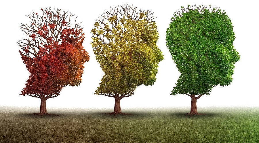 Trees in the shape of human heads representing the three seasons.